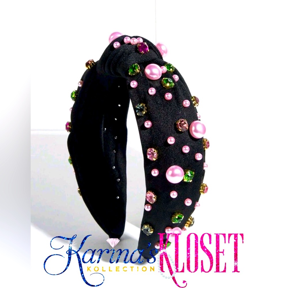 💝 Black, Pink Pearls & Emerald Green Embellished Headband 💝. Rhinestones 🎀